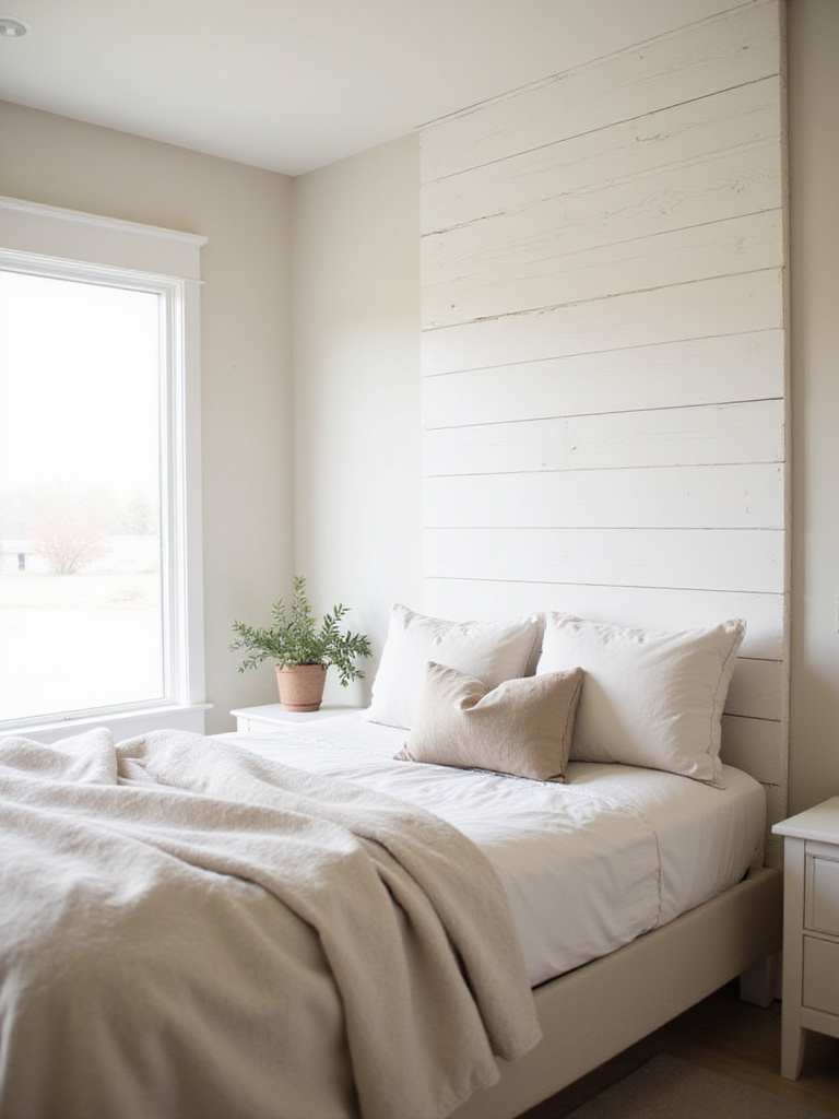 Farmhouse bedroom with white shiplap wall