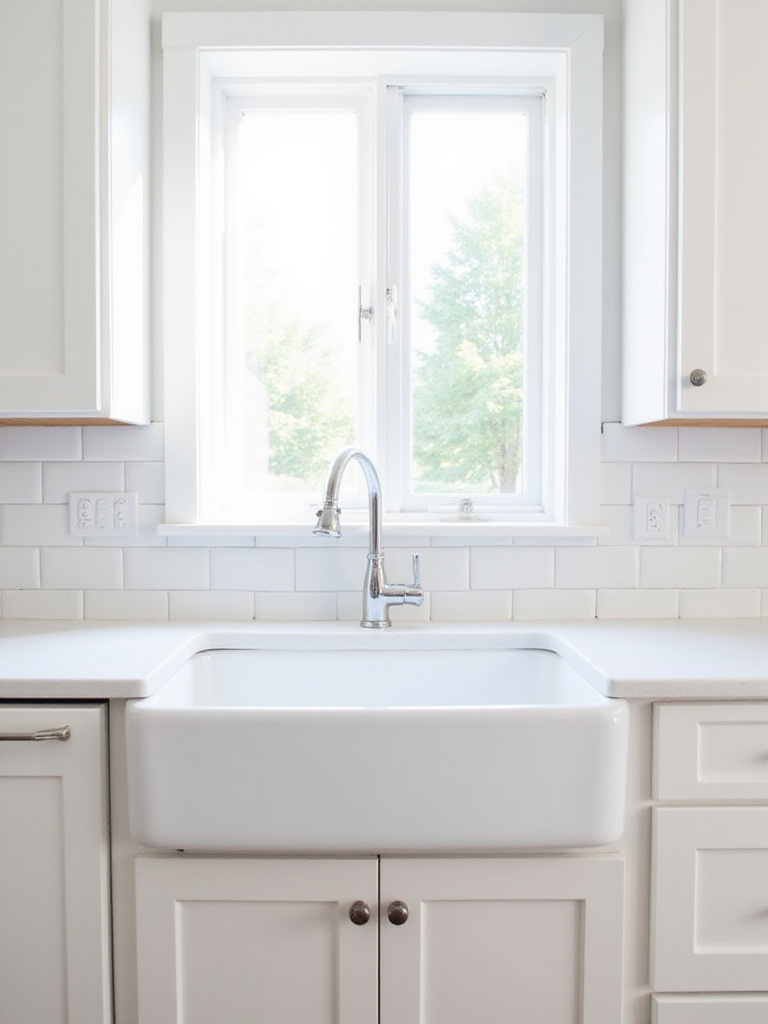 A bright white kitchen featuring a large white fireclay farmhouse sink, contributing to a fresh and timeless aesthetic.
