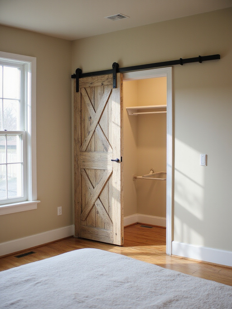 Farmhouse bedroom featuring a reclaimed wood sliding barn door leading to a closet.