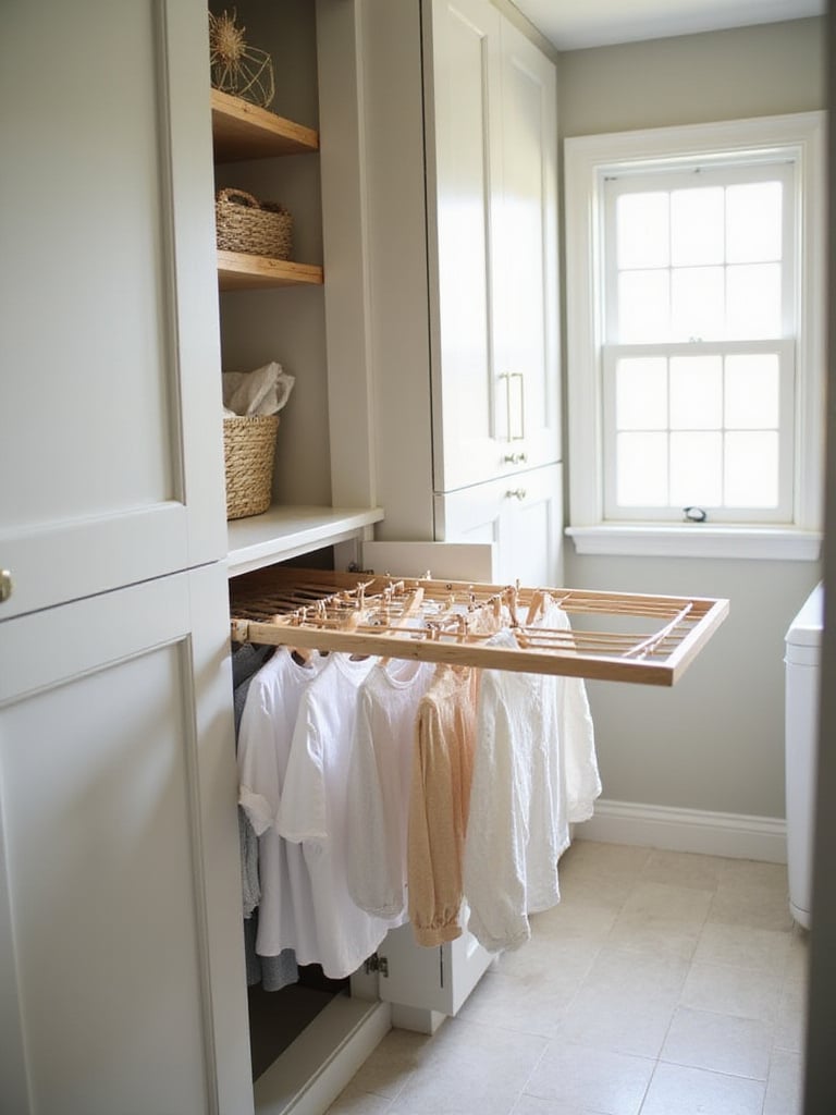 Space-saving pull-out drying rack for delicates in a modern laundry room.