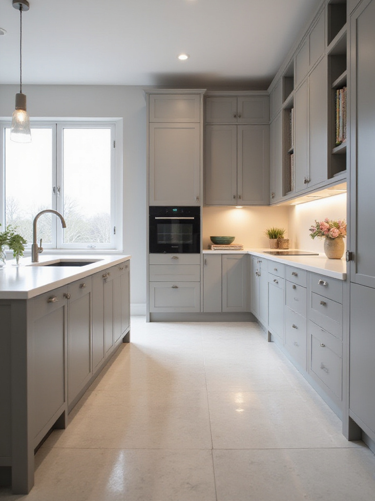 Luxury kitchen featuring a fully integrated dishwasher seamlessly blended with light gray cabinetry.