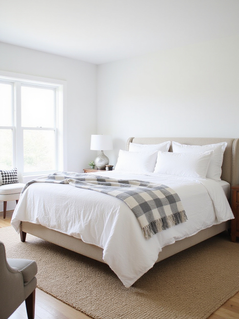 Farmhouse bedroom with checkered rug and gingham throw blanket.