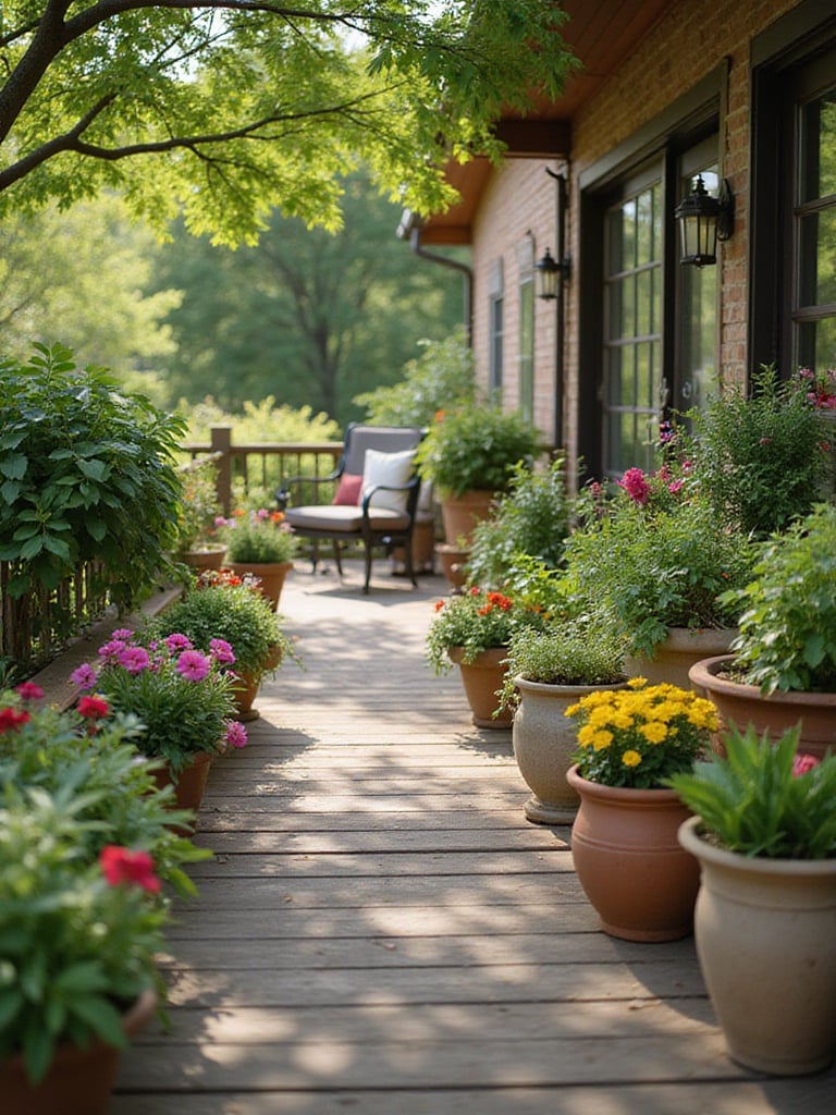 Deck with colorful planters filled with flowers, herbs, and trailing plants.