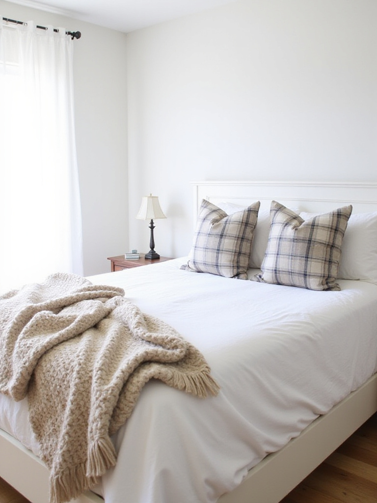 Farmhouse bedroom with plaid accent pillows and throw blanket.