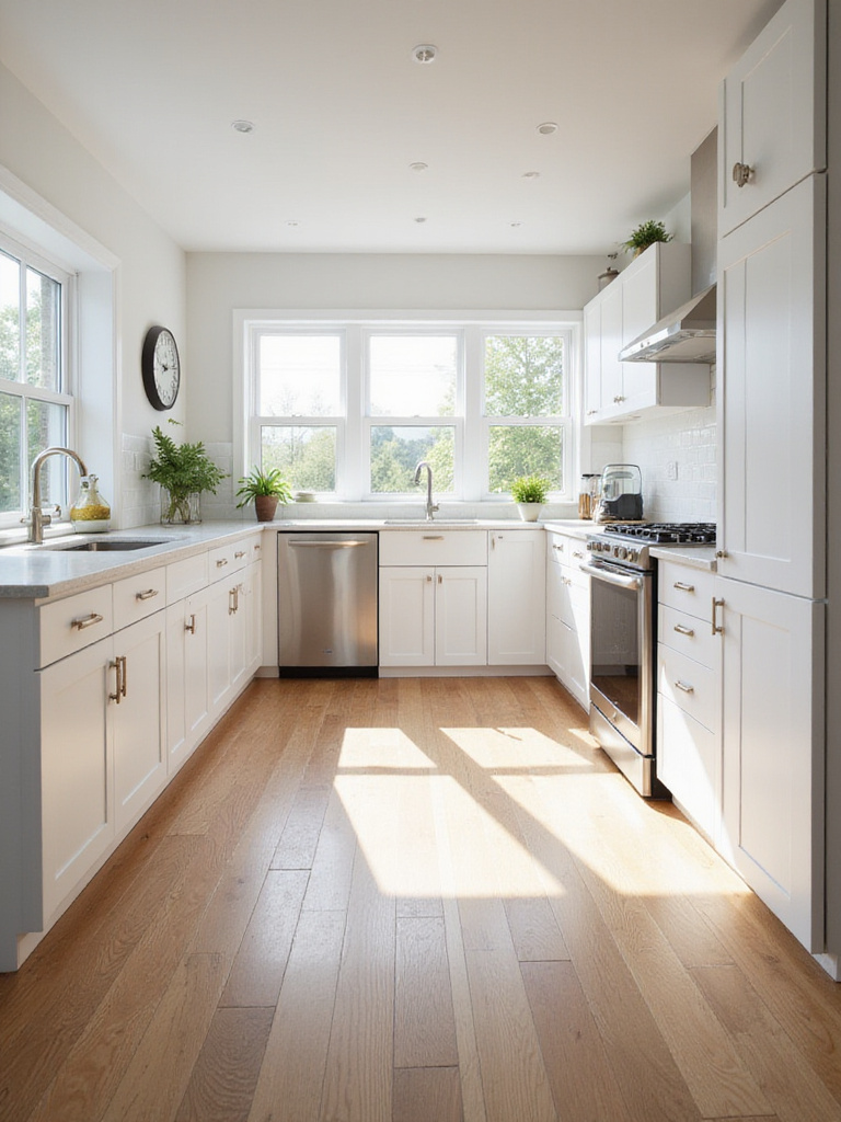 Bright white kitchen with white cabinets and warm medium oak wood flooring, adding natural texture and warmth.