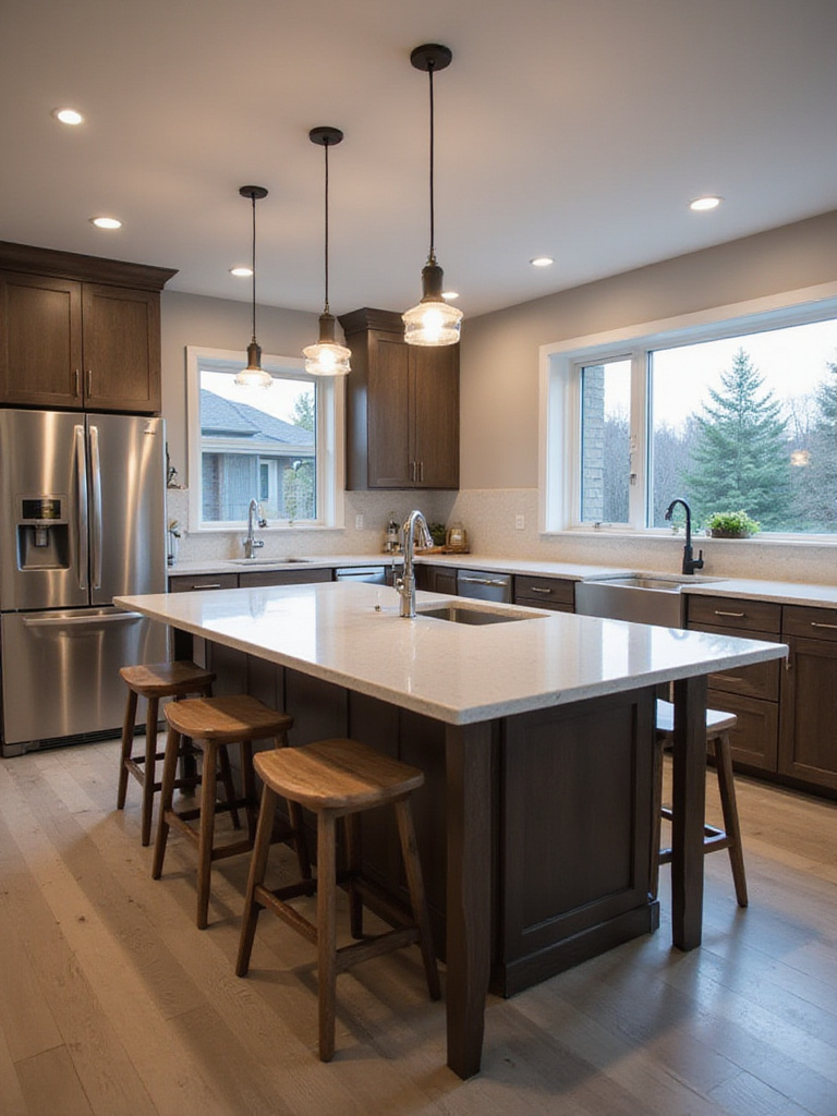 Modern kitchen interior with a large island featuring a sink and breakfast bar.
