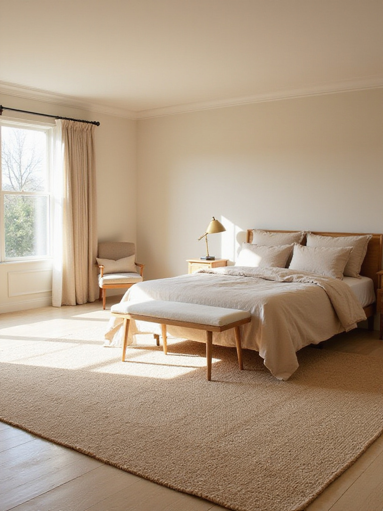 Beige bedroom with jute rug under bed