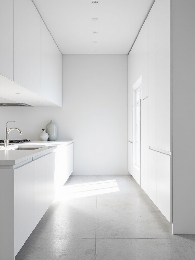 An ultra-minimalist white kitchen showcasing handleless flat-panel cabinets, seamless white countertops and backsplash, and clean lines for a modern, serene look.