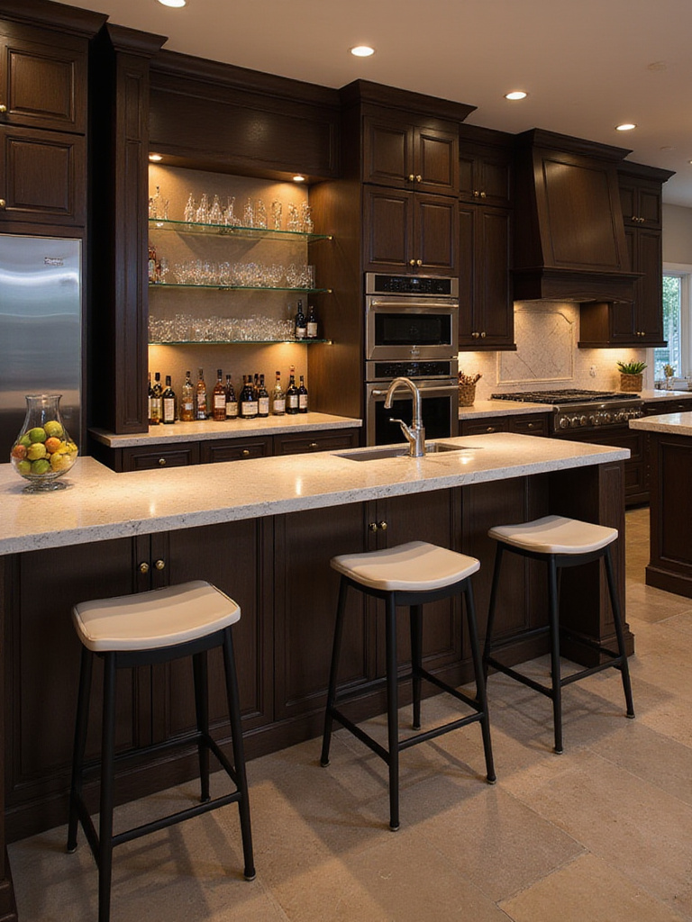 Luxury kitchen bar area with dark wood cabinets, quartz countertop, and backlit liquor display.
