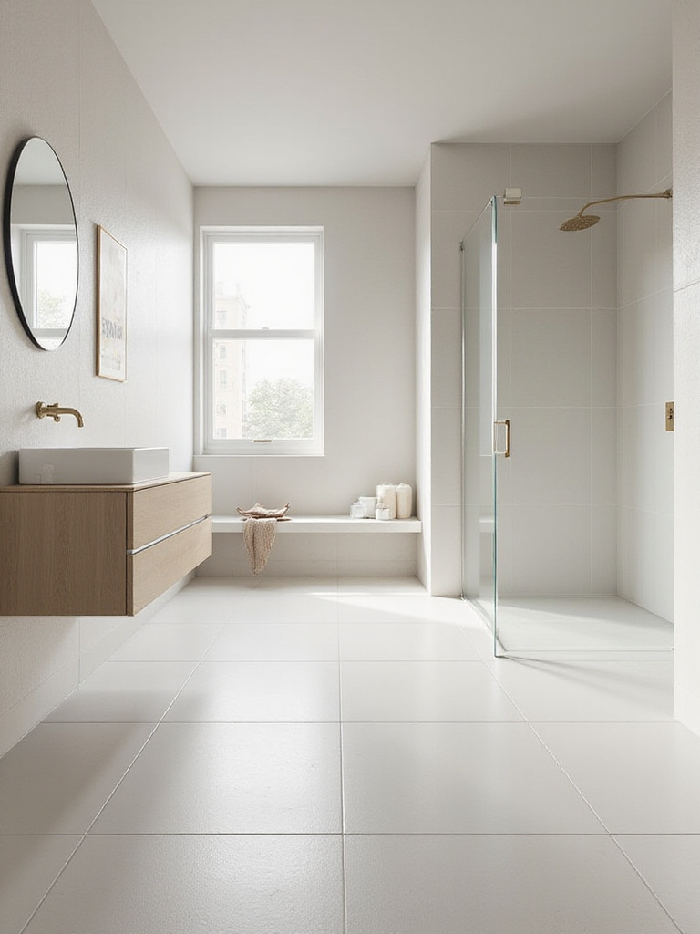 A minimalist bathroom showcasing large format light grey tiles on the walls and floor, creating a seamless and spacious feel with minimal grout lines. Features a floating vanity and glass shower.