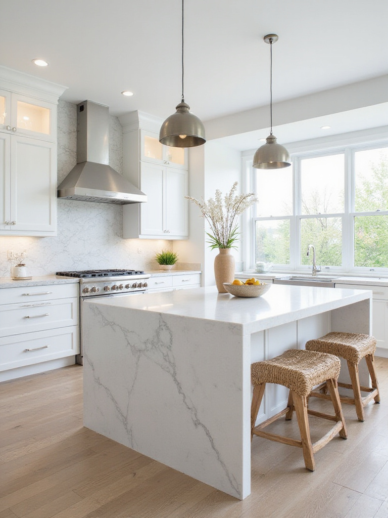 A modern white kitchen showcasing layered textures, featuring smooth white cabinets, a textured stone backsplash, a veined quartz island countertop, and woven bar stools.