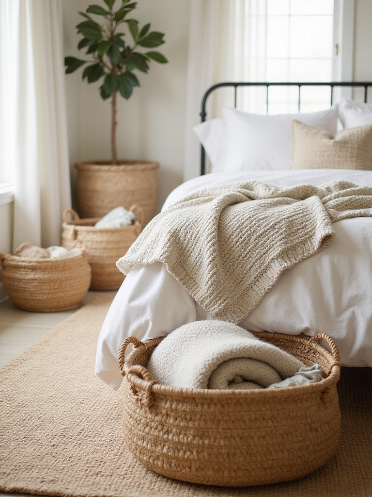 Farmhouse bedroom with layered woven textures, including a jute rug, knit throw blanket, and woven baskets.