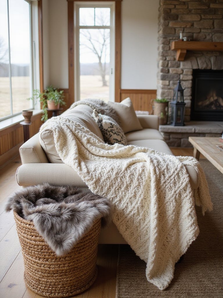 Cozy rustic living room with plush throw blankets on sofa.