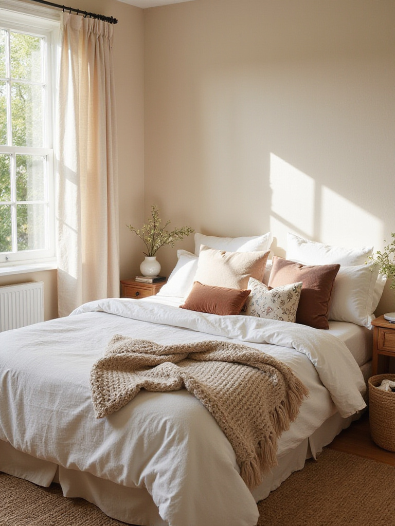 Beige bedroom with layered textures including linen bedding, a knit blanket, velvet pillows, and a jute rug.
