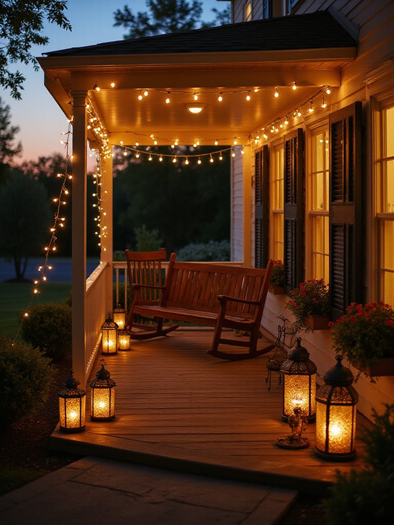 Front porch decorated with string lights and lanterns for a welcoming evening ambiance