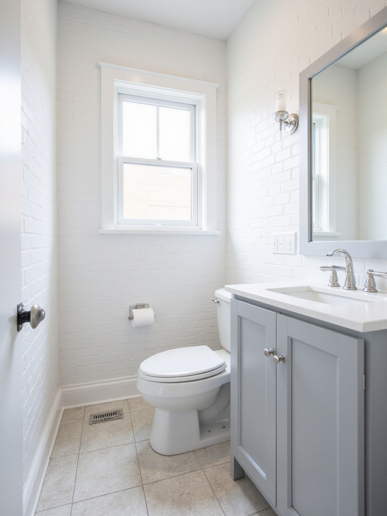 Small bathroom with light gray vanity and white subway tile, maximizing light.