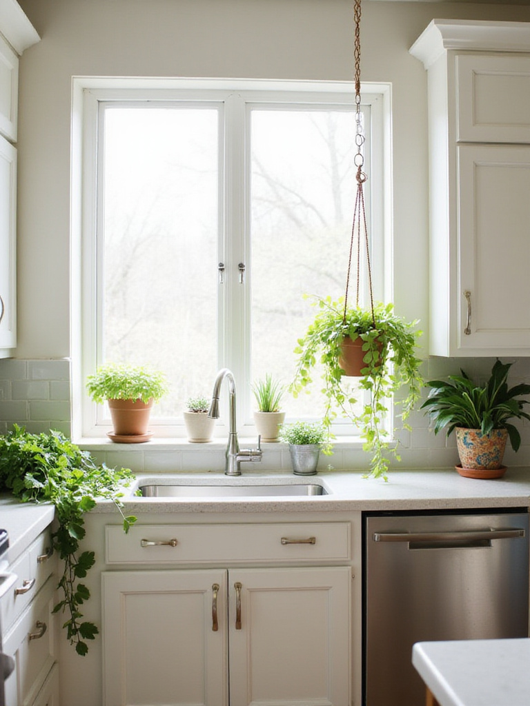 Modern kitchen with white cabinets and various houseplants adding greenery and life.