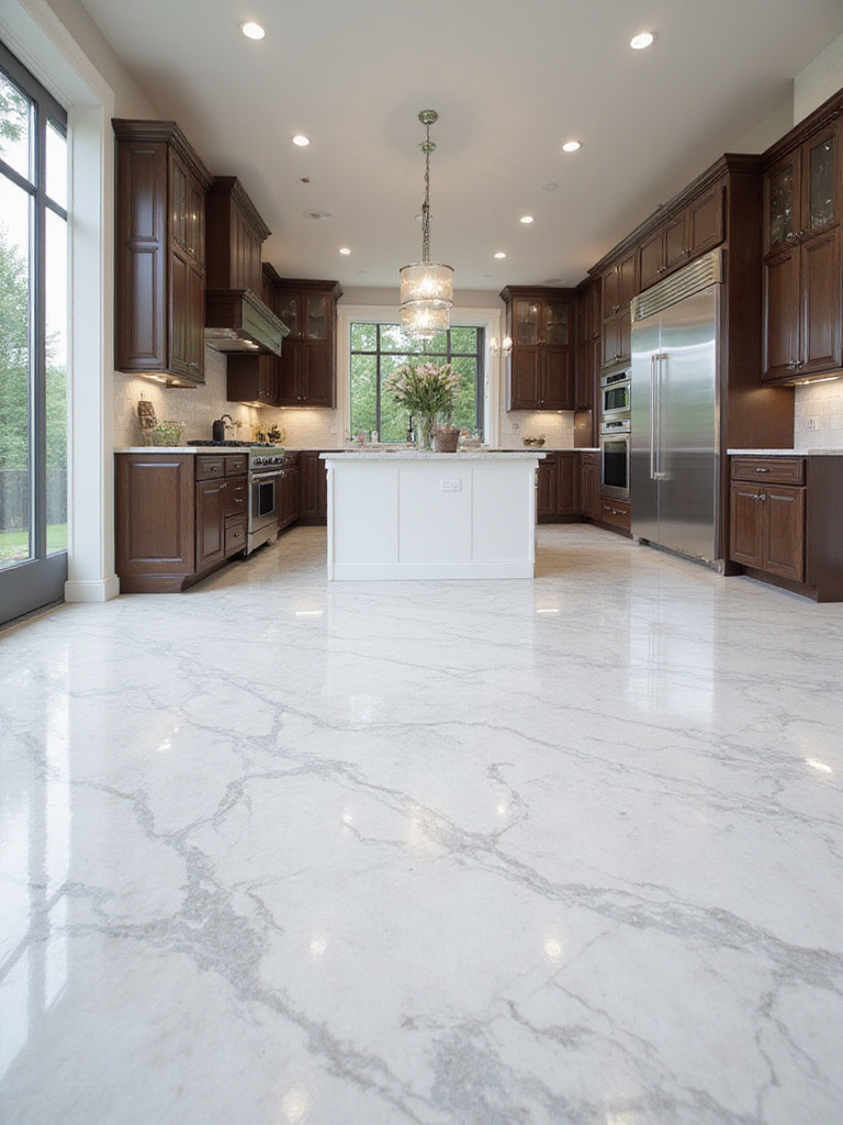 Luxurious kitchen with light grey marble flooring, dark wood cabinetry, and stainless steel appliances.