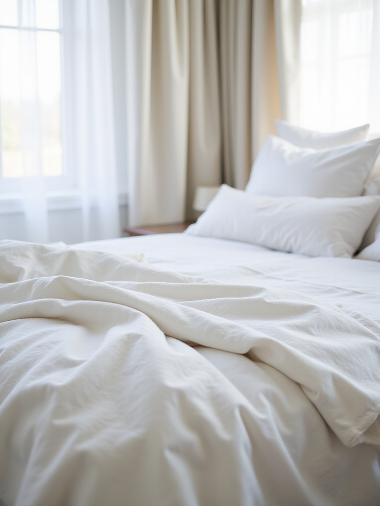 Luxurious white linens on a neatly made bed in a bright and airy bedroom