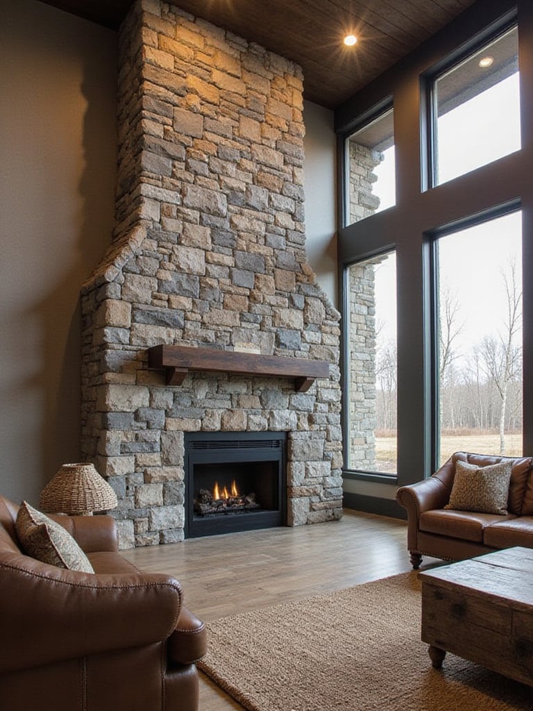 Rustic living room featuring a striking stone accent wall with a fireplace and reclaimed wood mantel.