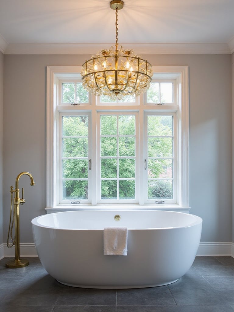 Bathroom with gold geometric chandelier above freestanding bathtub