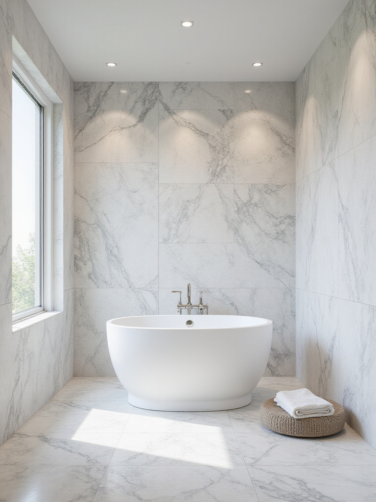 Elegant bathroom featuring natural marble tiles on walls and floor, with a freestanding tub, creating a luxurious spa-like retreat.