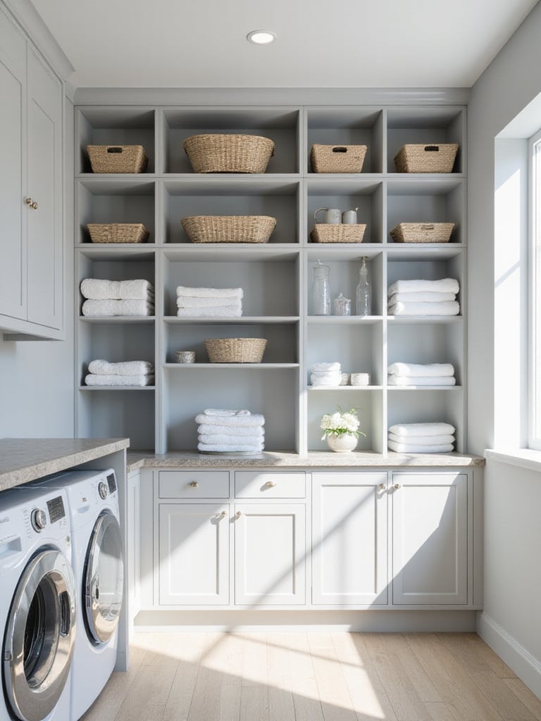 Laundry room with floor-to-ceiling shelving for maximum vertical storage