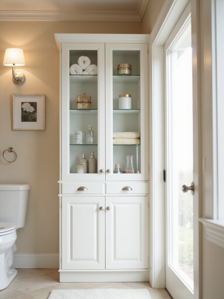 Small bathroom with tall, white vertical storage cabinet maximizing space.