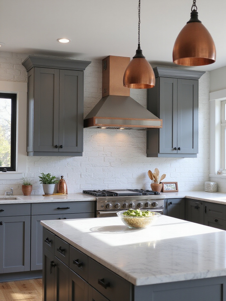 Modern kitchen design with copper pendant lights and black hardware