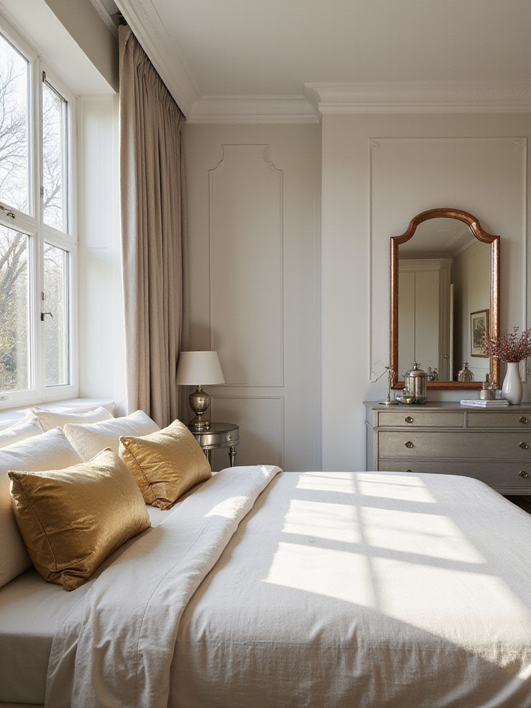 Bedroom decor with metallic accents including gold pillows, silver nightstand, and copper mirror.