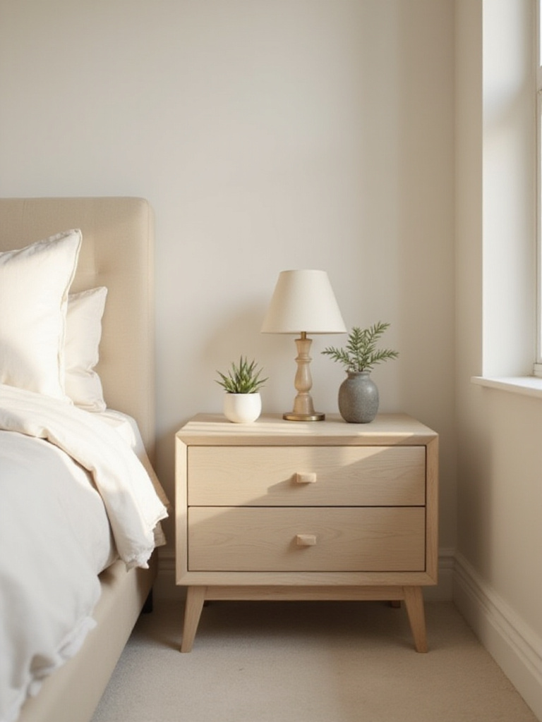 Minimalist beige nightstand with lamp in serene bedroom setting