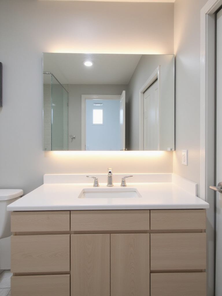 Small bathroom with oversized mirror reflecting light and creating a feeling of spaciousness