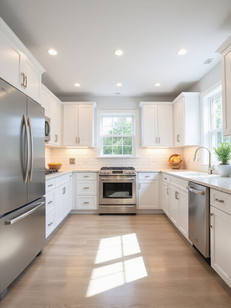 Bright white kitchen with stainless steel refrigerator, oven, and dishwasher.