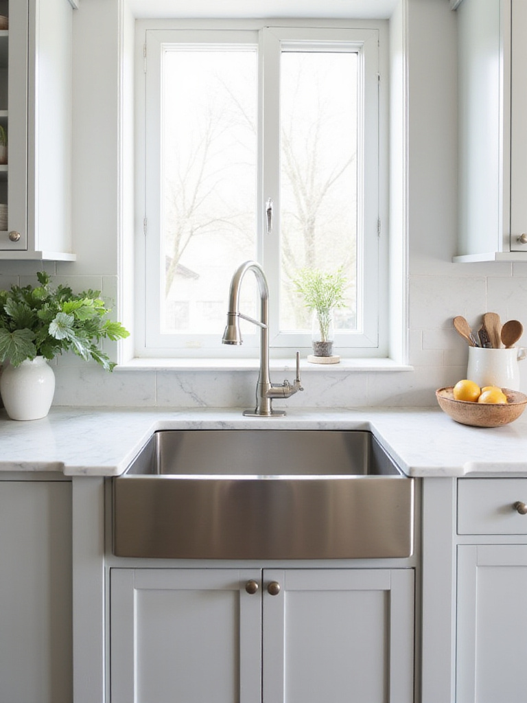 Modern kitchen with stainless steel farmhouse sink and marble countertop.