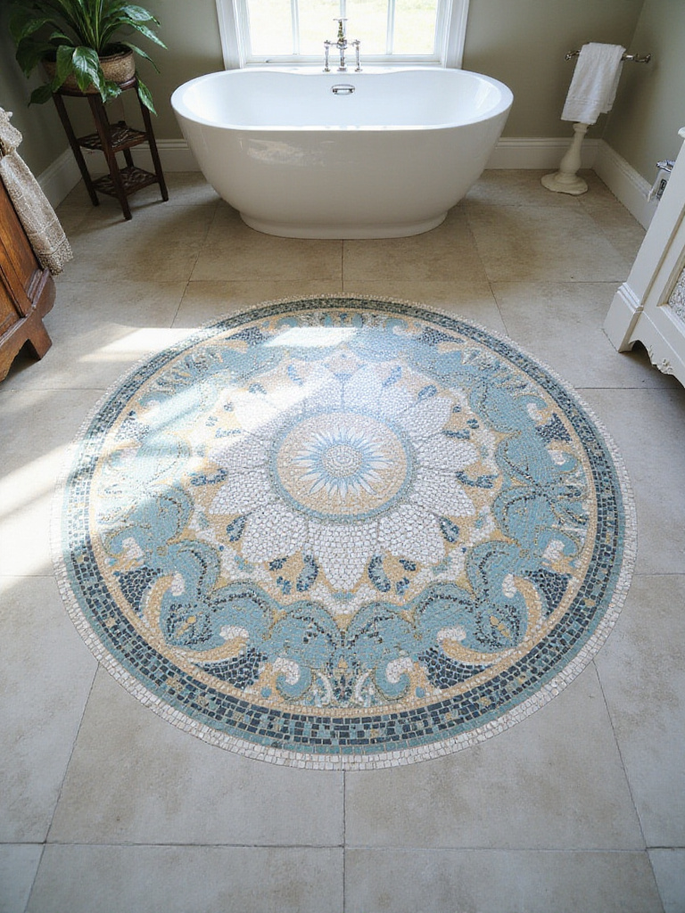 Intricate mosaic tile medallion with blue, white, and gold floral pattern on a luxurious bathroom floor.