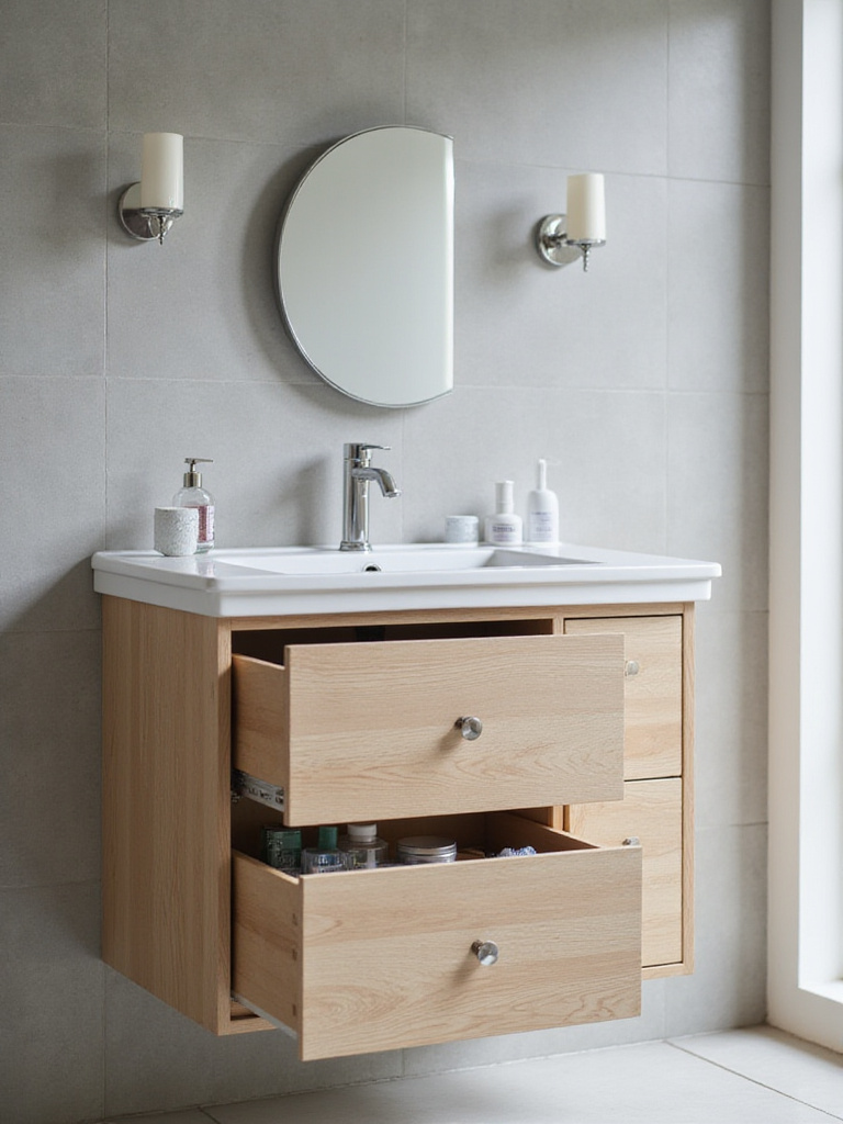 Small bathroom featuring a modern floating vanity with built-in drawers and cabinet storage.