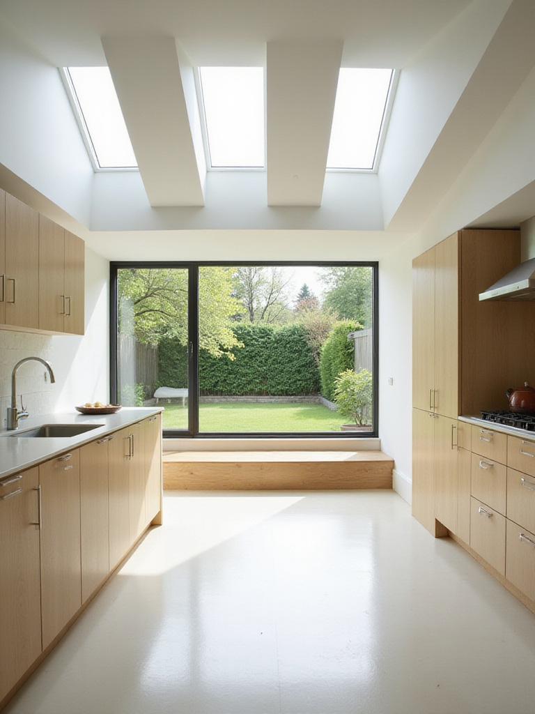 Modern kitchen with abundant natural light from large windows and skylights.