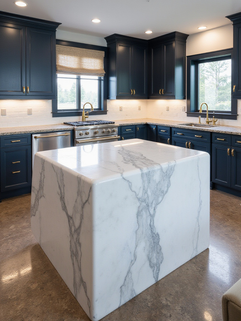 Luxury kitchen with marble island countertop and granite perimeter countertops.
