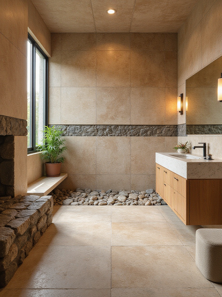 Modern bathroom featuring earthy natural stone tiles, including large format travertine walls, a split-face slate accent, and river rock shower floor, creating a nature-inspired space.