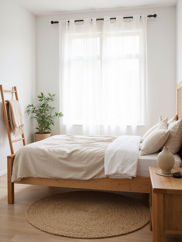 Bedroom with natural textures: wooden bed, rattan headboard, linen bedding, and jute rug.