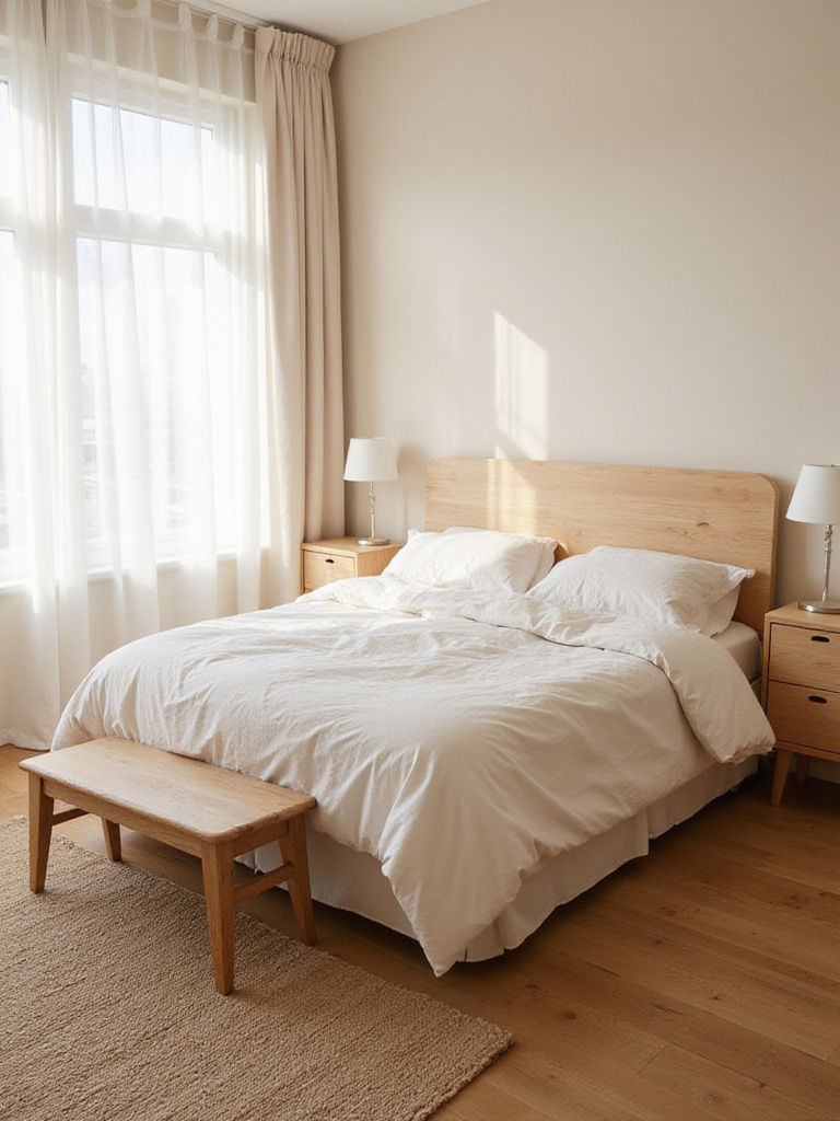 Beige bedroom with natural wood headboard, nightstands, and bench for a serene and warm aesthetic
