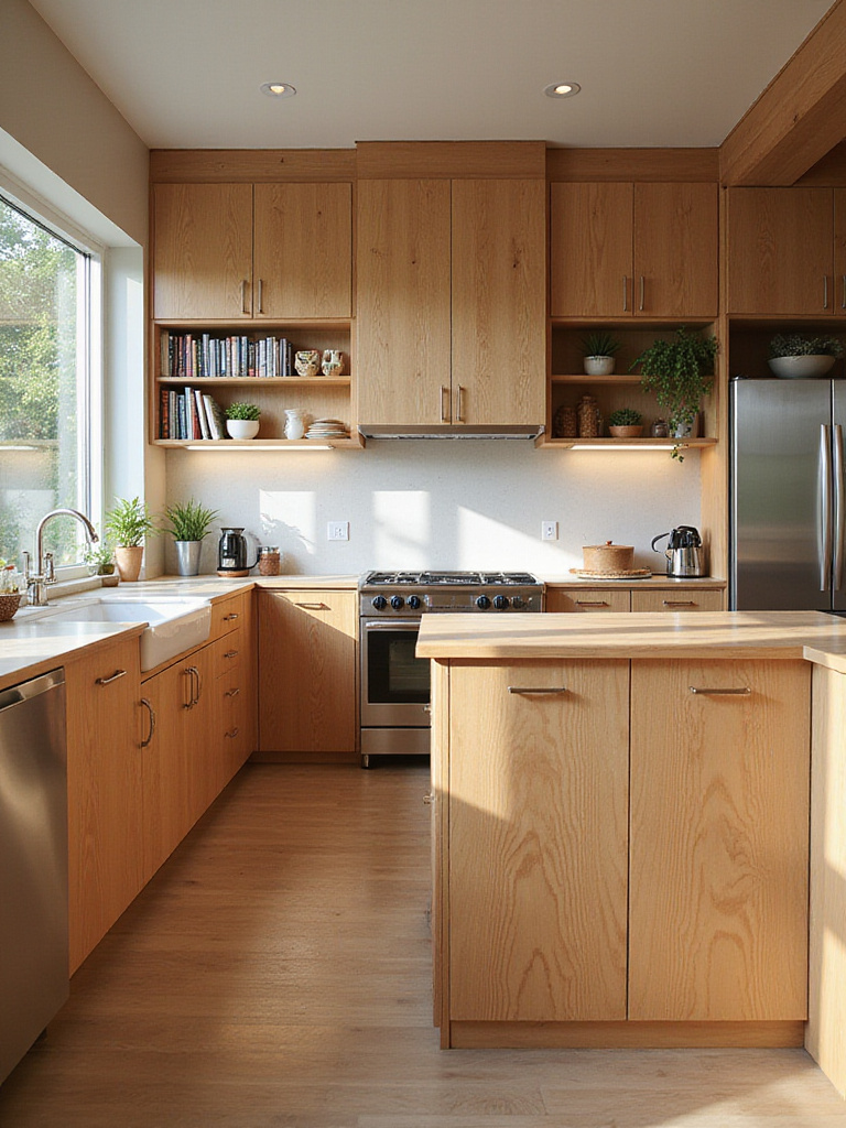 Modern kitchen with natural wood cabinets and butcher block island.