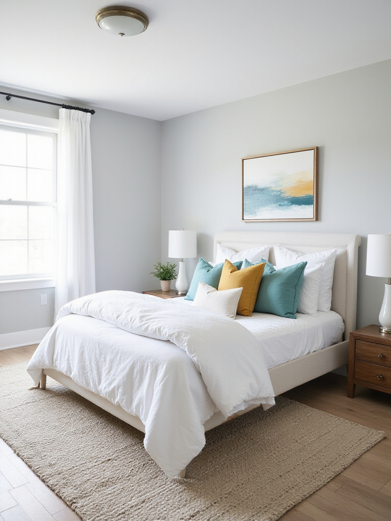 Neutral bedroom with teal and yellow accents.