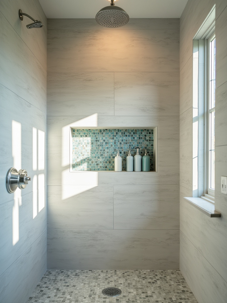 Built-in shower tile niche with contrasting blue and green mosaic tile storing toiletries in a modern bathroom shower.