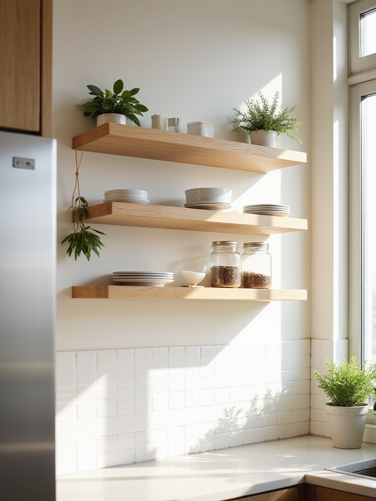 Modern kitchen with stylish open shelving displaying curated dishware and plants.