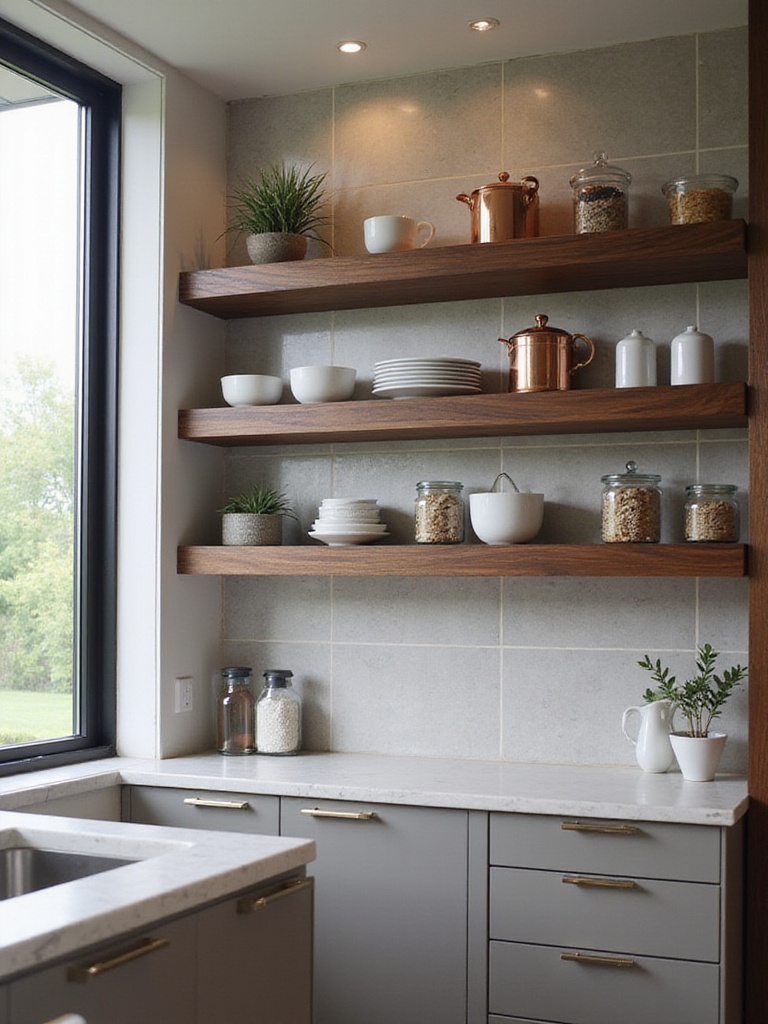 Luxury kitchen featuring dark walnut open shelving displaying fine china, copper cookware, and decorative items.