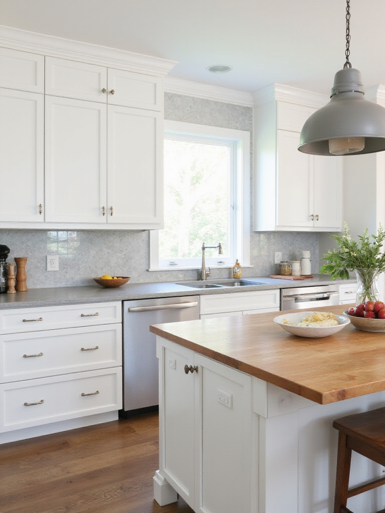 Budget-friendly kitchen featuring light gray laminate countertops and a warm butcher block island.