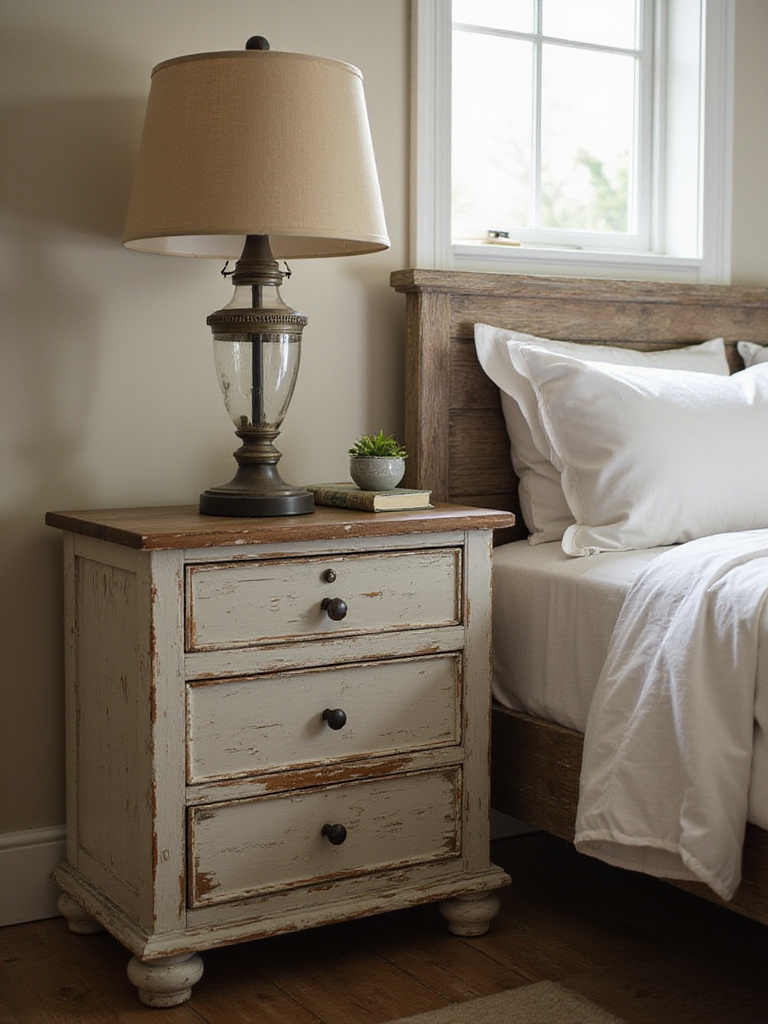 Distressed wood nightstand in farmhouse bedroom