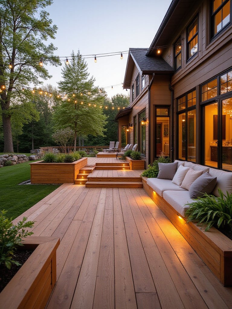 Modern backyard with low-maintenance composite deck featuring built-in seating and planters.