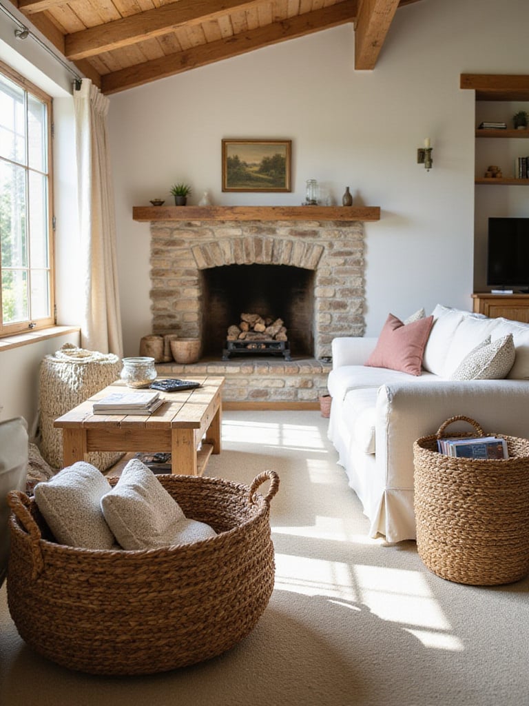 Rustic living room with woven baskets used for stylish and functional storage.